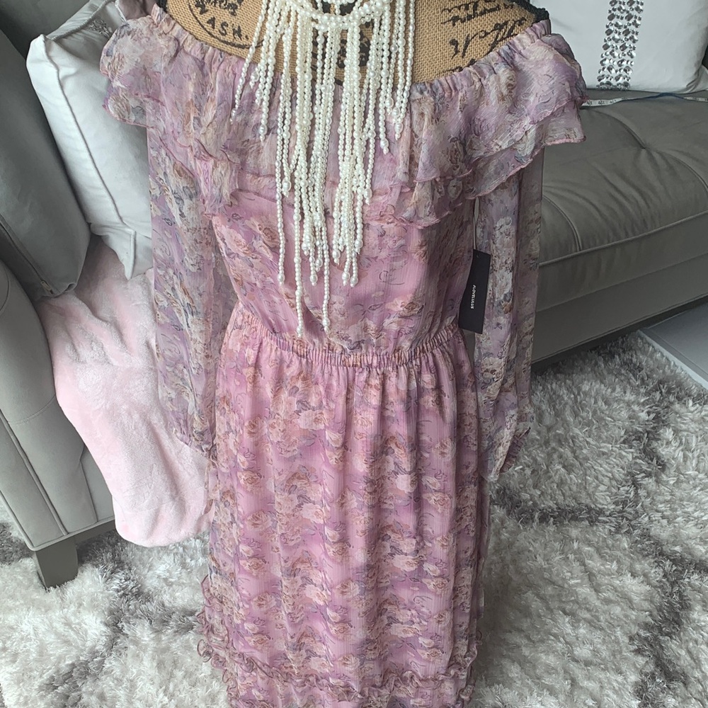 NWT Lulu's Pink Floral Long Sleeve Off Shouoder Dress